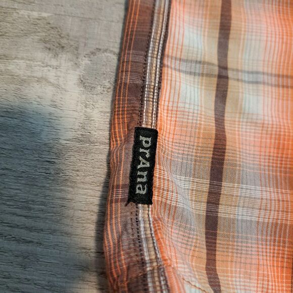 Prana Shirt Mens XXL Orange Brown Plaid Pearl Snap Organic Cotton Short Sleeve - Picture 9 of 12